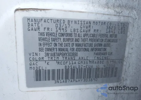 2017 Nissan Sentra Sv z USA, uszkodzony, nr VIN 3N1AB7AP6HY303890